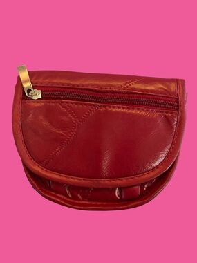 Vintage Hot Red Mini Patchwork Leather Zip Pouch Round Purse/Fanny Pack
